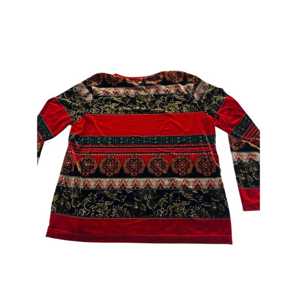 White Stag XL Velvet Holiday Tunic Top Red Black Gold Floral Striped Pattern - Picture 5 of 5